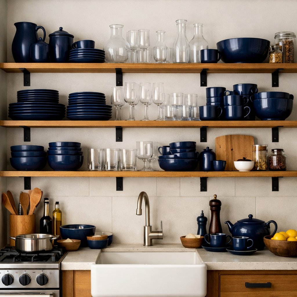 A kitchen with open shelving showcasing navy blue dishes and glassware.