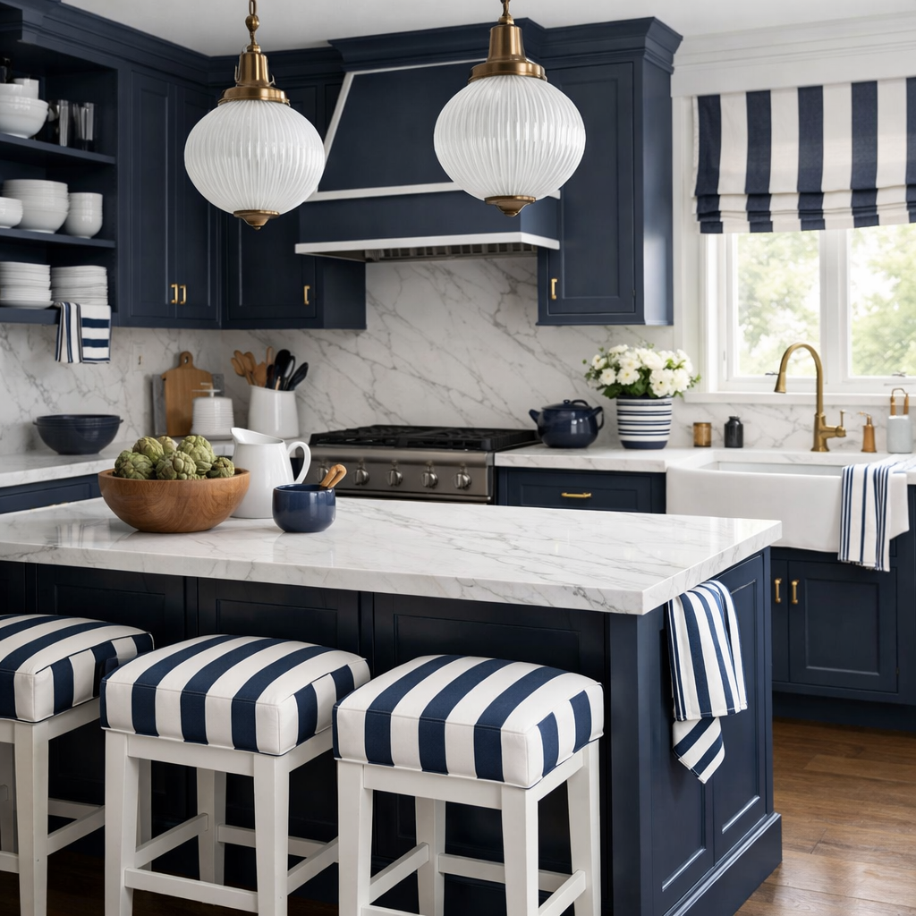 A stylish dark blue kitchen featuring blue and white striped accents with bar stools and window treatments.