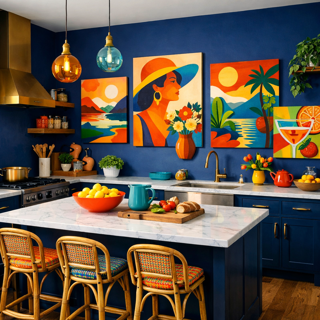 A dark blue kitchen with colorful artwork and vibrant decor