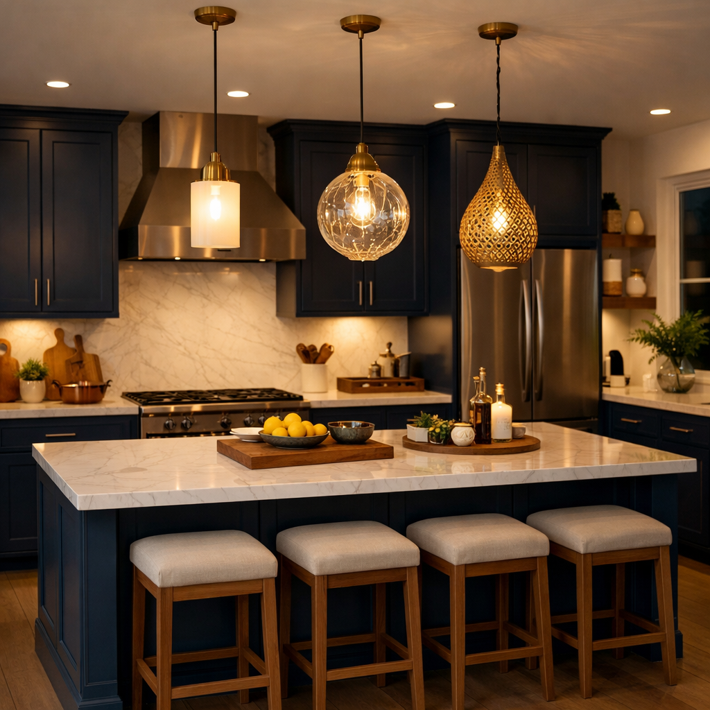 A dark blue kitchen featuring contrasting light fixtures including a glass pendant, a wicker design light, and a modern track lighting.