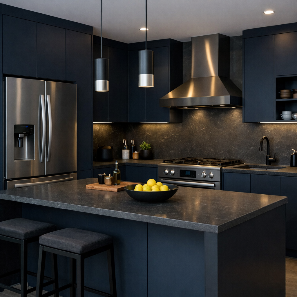 A modern dark blue kitchen featuring gray countertops, stainless steel appliances, and warm lighting.