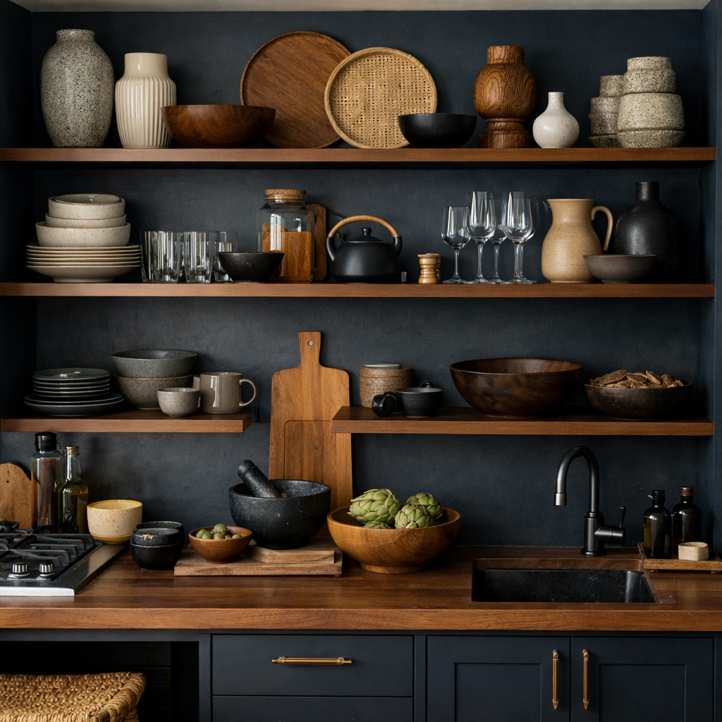 Open shelving in a dark blue kitchen displaying various kitchenware including bowls, glasses, and a mortar and pestle.