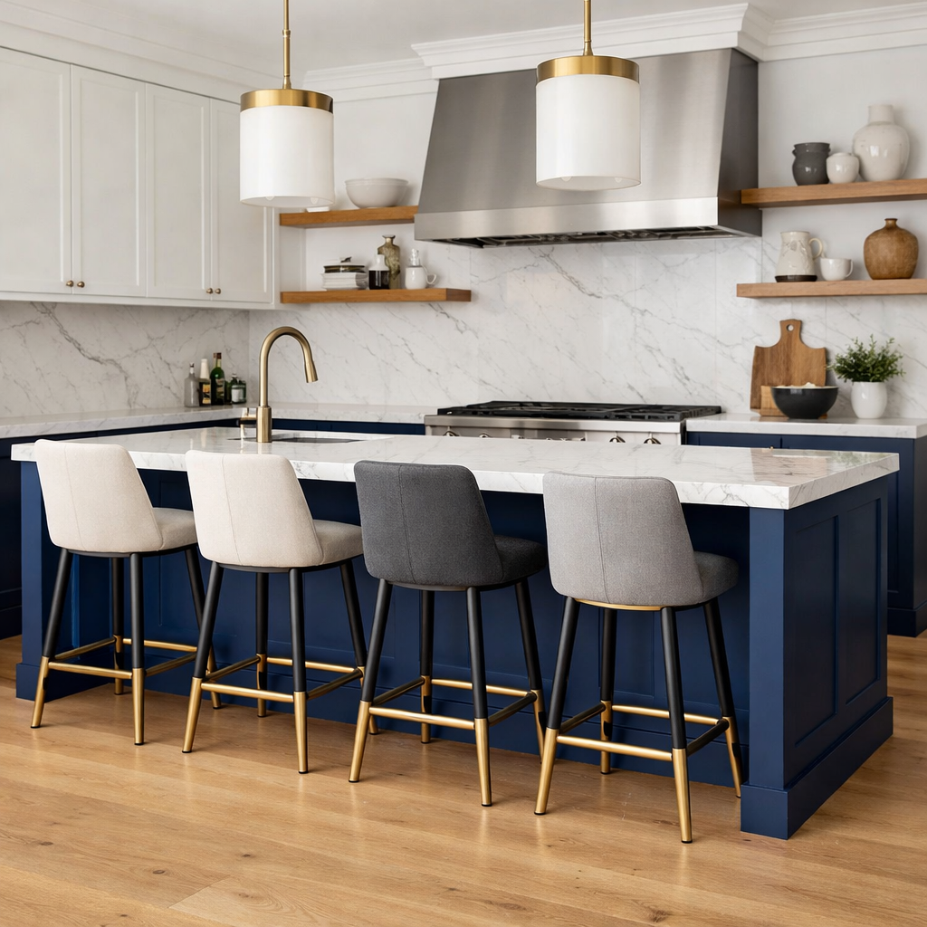 A modern kitchen featuring a deep blue island with white countertops and stylish seating.