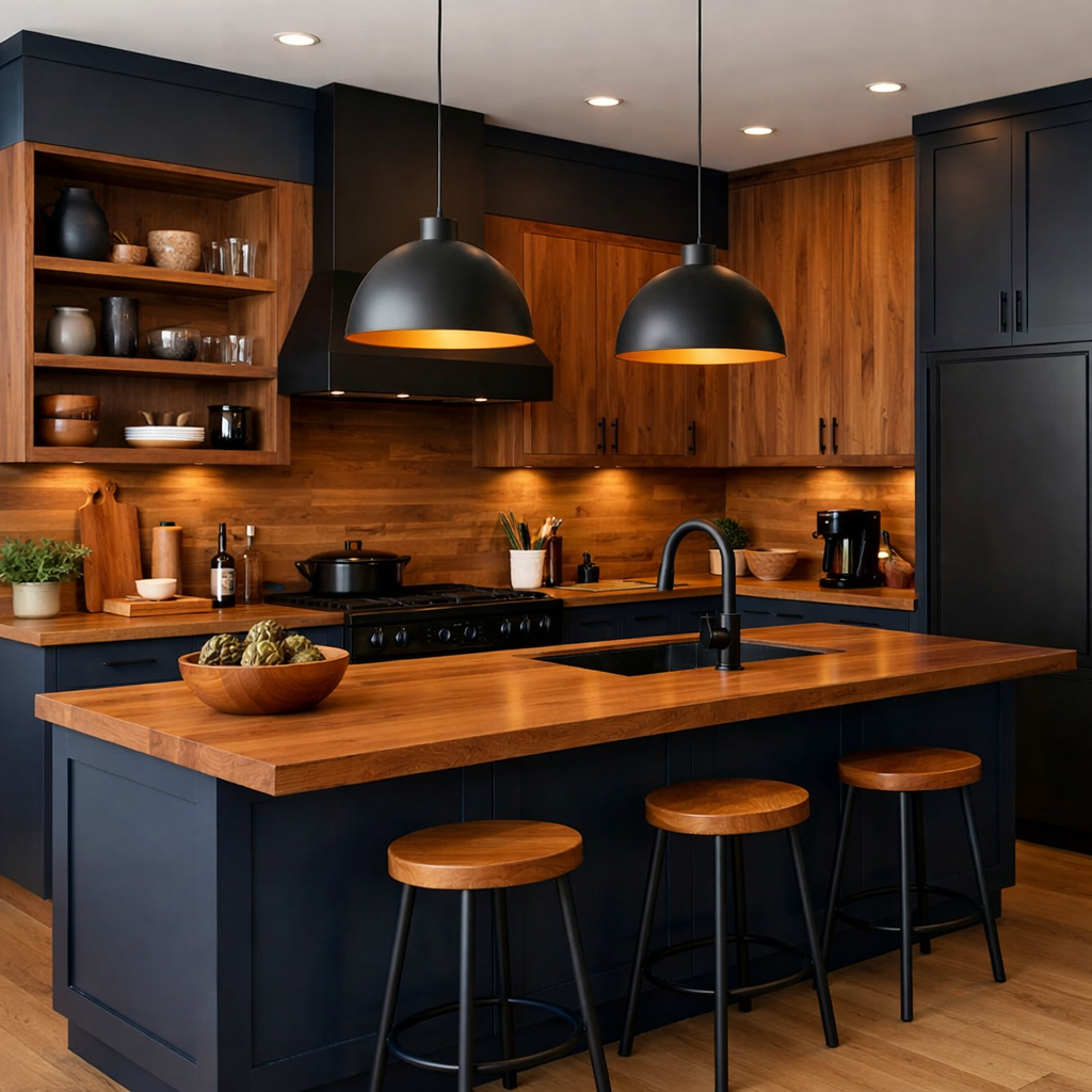 A modern kitchen featuring dark blue cabinetry and warm wood finishes.