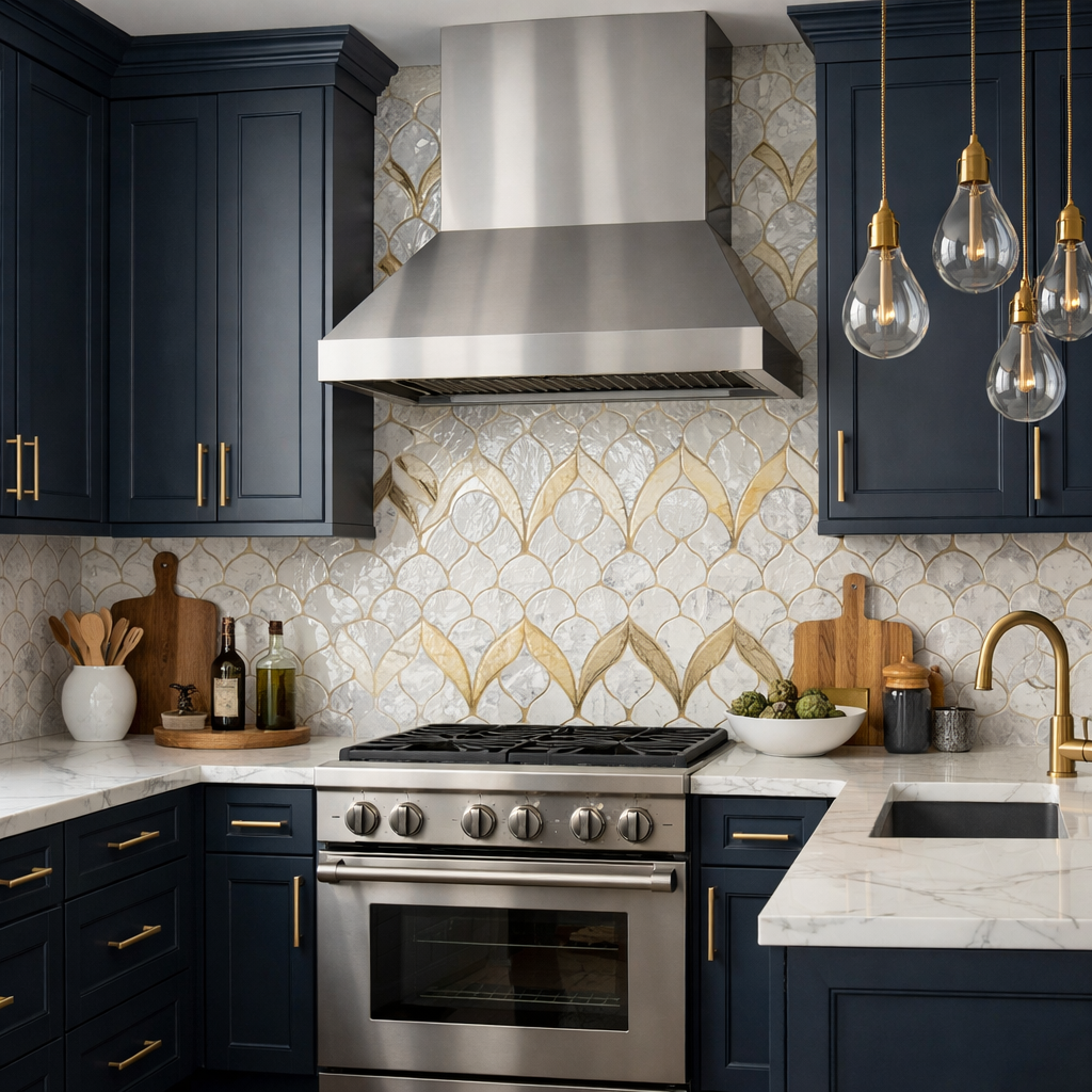 A stylish kitchen featuring navy blue cabinets with gold accents, a stainless steel range, and a decorative backsplash.