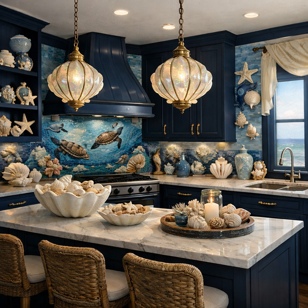 An ocean-inspired dark blue kitchen featuring turtle-themed backsplash, seashell decor, and elegant lighting.