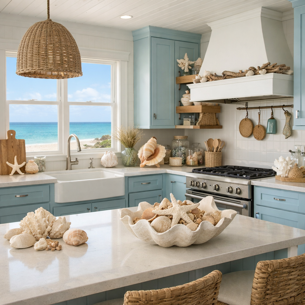 A light blue kitchen featuring coastal decor, open shelves with seashells, and an ocean view.