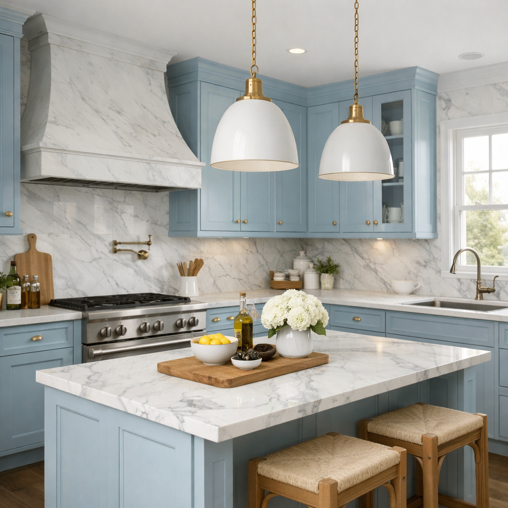 A beautifully designed kitchen featuring light blue cabinets and marble countertops with white and gold accents.