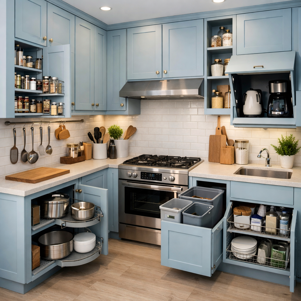A small kitchen featuring light blue cabinets, organized storage solutions, and stylish decor.