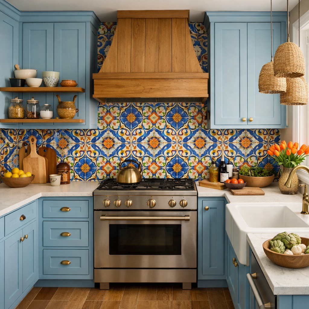 A kitchen featuring light blue cabinets and a colorful bold backsplash with a wooden hood