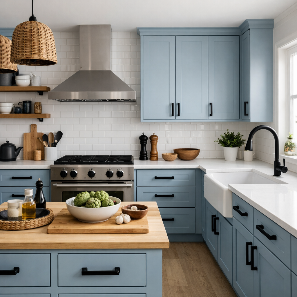 A light blue kitchen featuring cabinets with black hardware and wooden accents, showcasing a modern and inviting design.