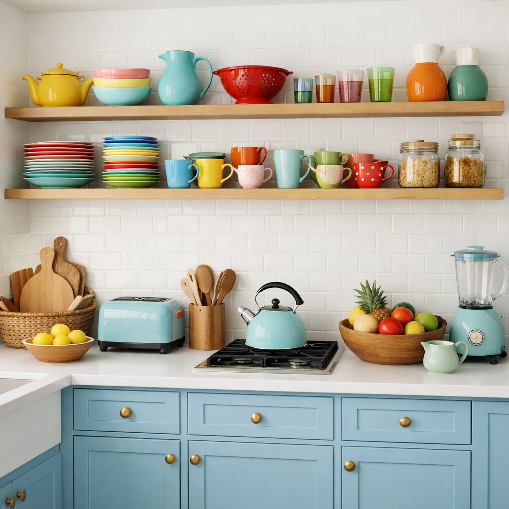 A kitchen with light blue cabinets and open wooden shelves filled with colorful dishes and fruits.