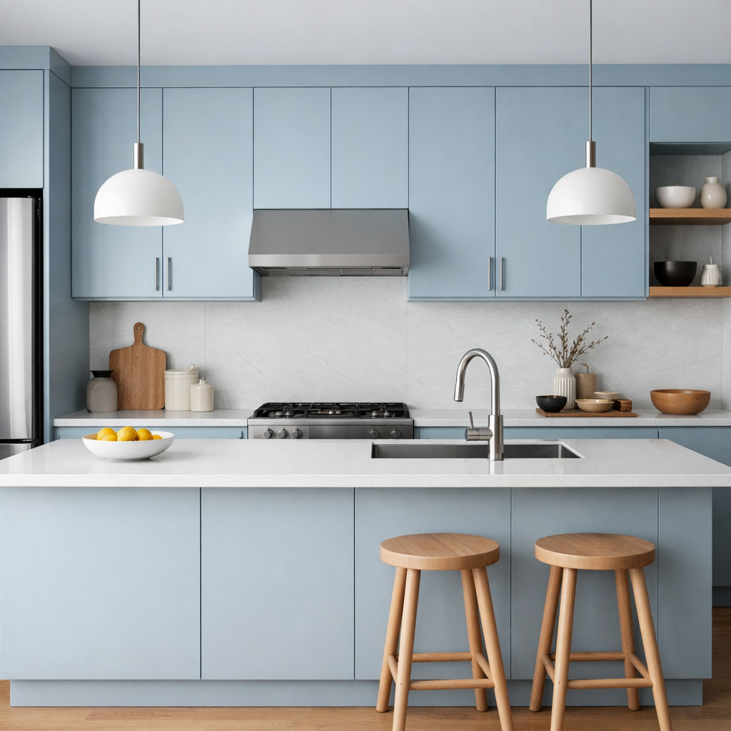 A modern kitchen featuring light blue cabinets, white countertops, and minimalist decor.