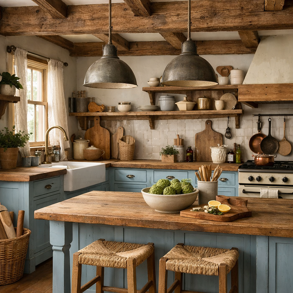A rustic kitchen with light blue cabinets and wooden accents, featuring an island with fresh produce.