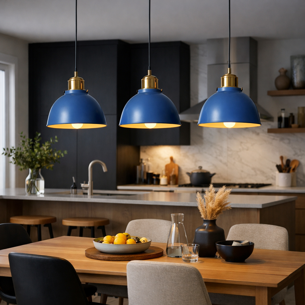 Elegant French blue pendant lights in a modern kitchen setting.