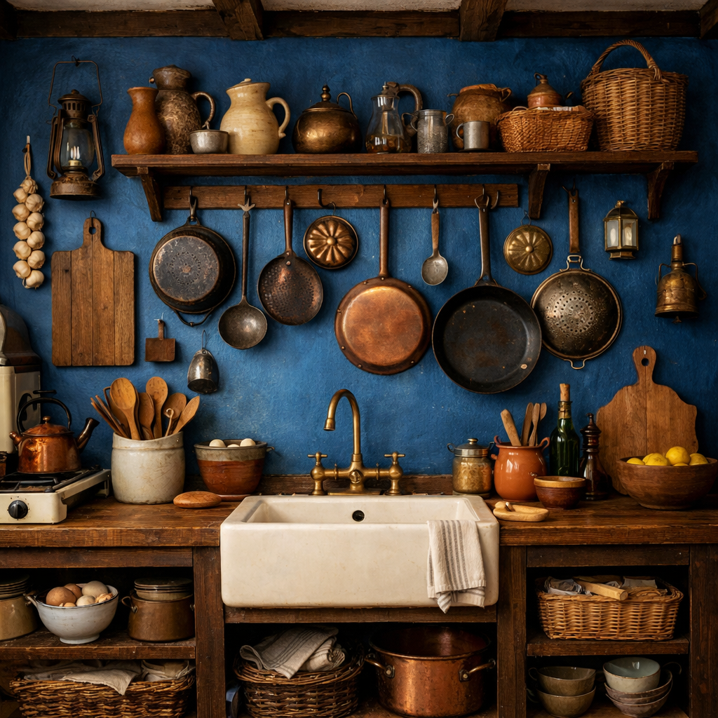 A rustic kitchen with a blue accent wall, featuring vintage cookware and wooden shelves.