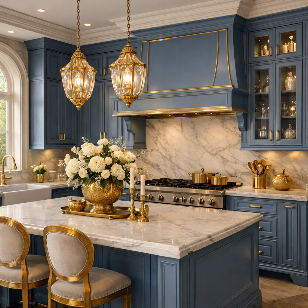 A stylish kitchen featuring French blue cabinets and gold accents, with a marble countertop and white flower arrangement.
