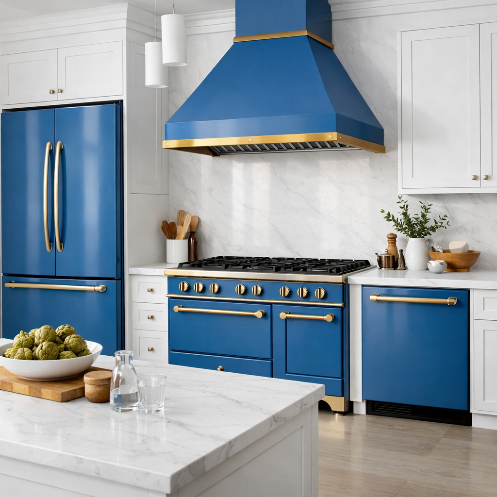 A stylish kitchen featuring vibrant blue appliances against white cabinetry, with gold accents.