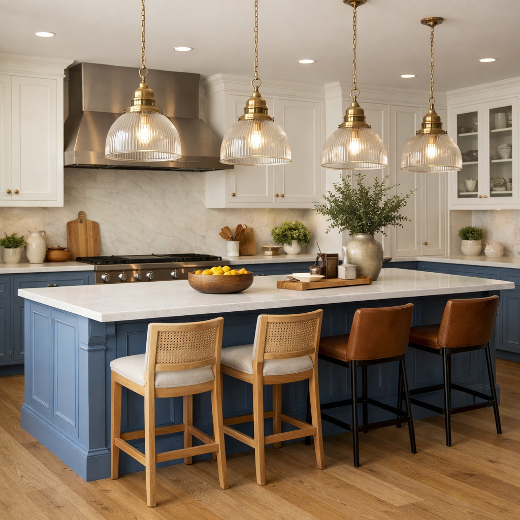 A French blue kitchen island with white countertop, three pendant lights, and bar stools.