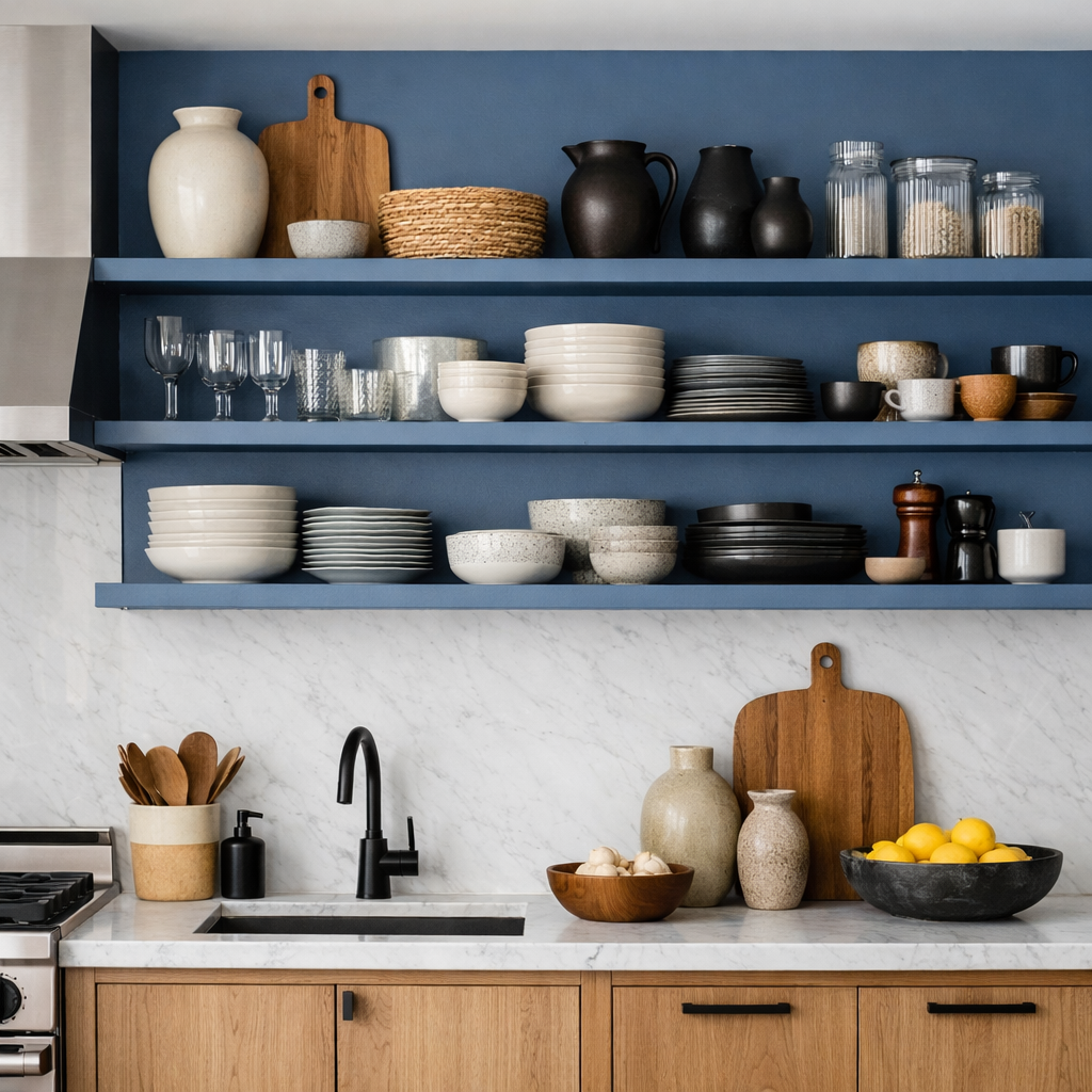 Open shelving with French blue background displaying a variety of dishware and decorative items in a modern kitchen.