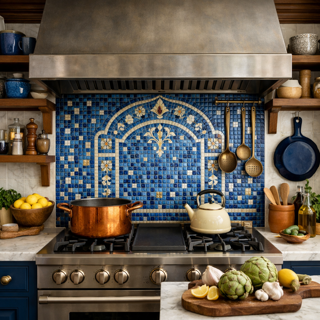 A vibrant kitchen with a French blue tile backsplash featuring intricate patterns, stainless steel appliances, and fresh ingredients on the countertop.