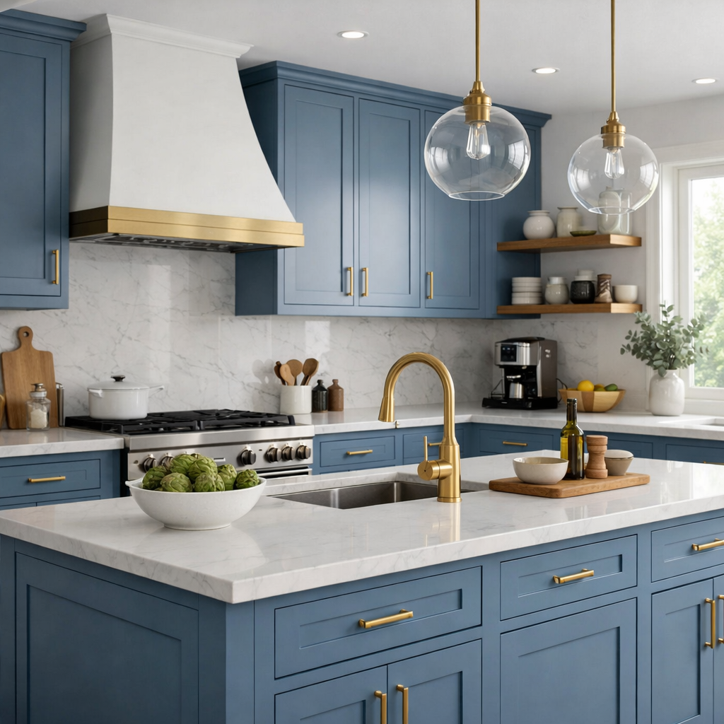 A modern kitchen featuring French blue cabinets with gold hardware and white marble countertops.
