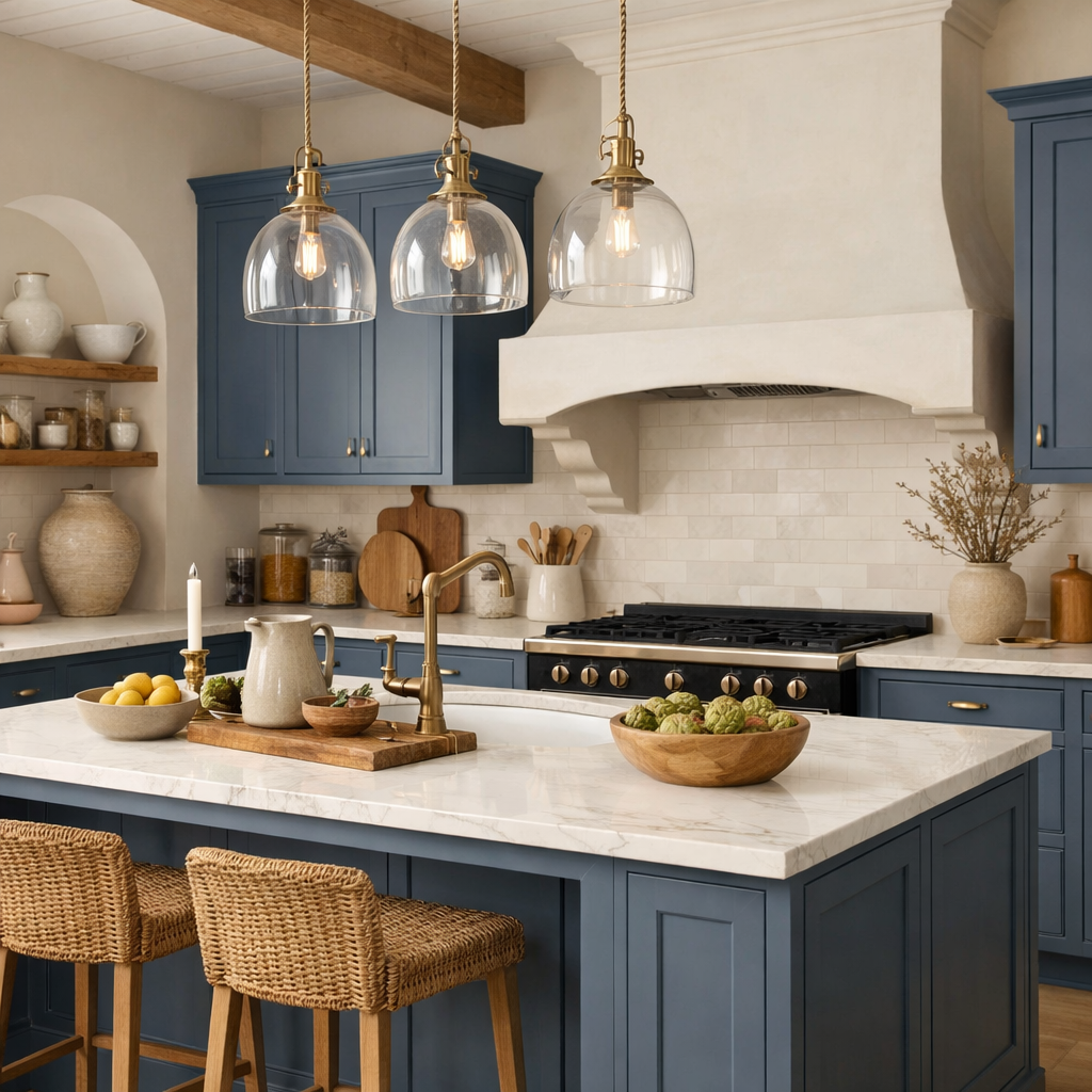 A kitchen featuring French blue cabinets with neutral tones, marble countertops, and rustic decor.