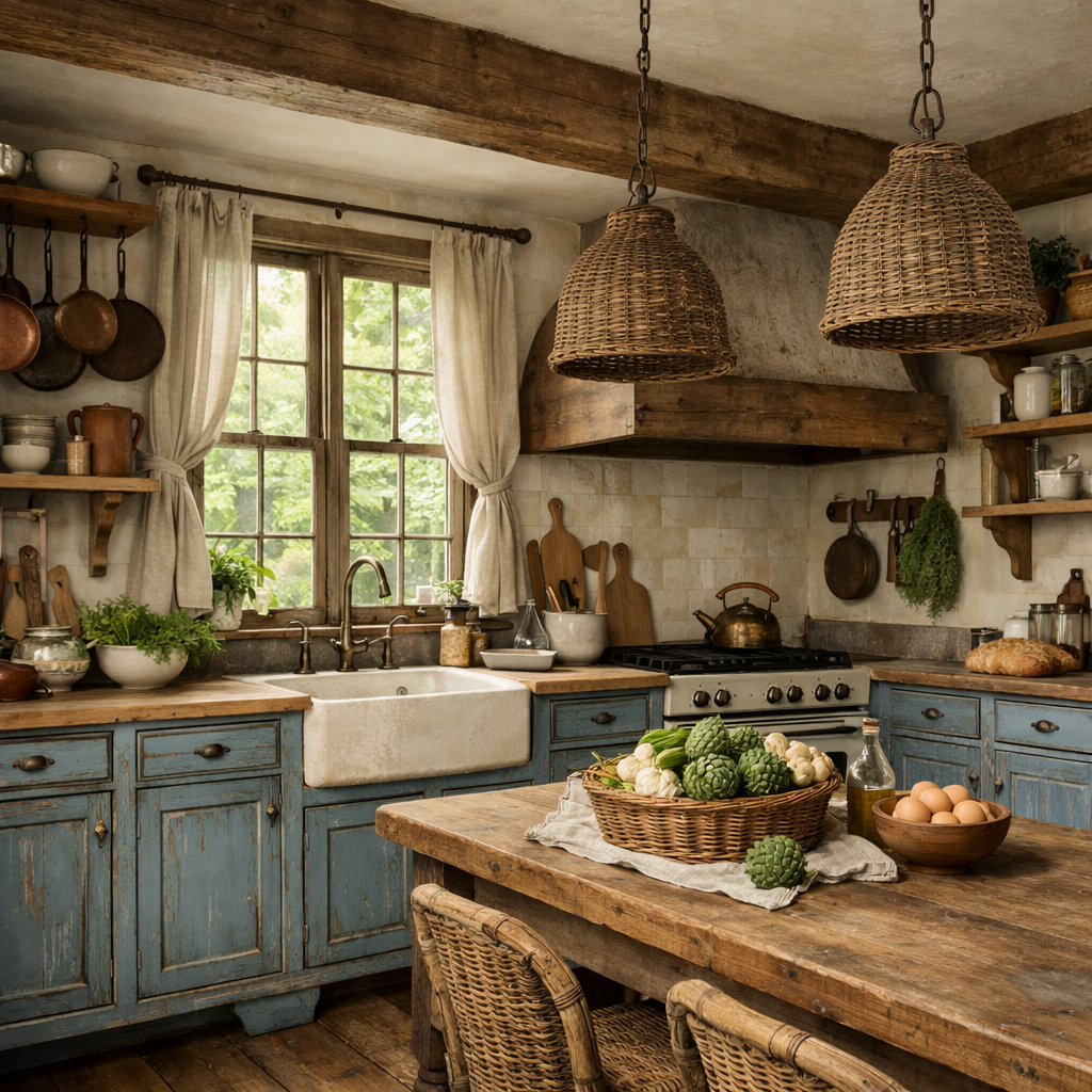 A rustic kitchen featuring French blue cabinets, a farmhouse sink, and a wooden table with seasonal vegetables.