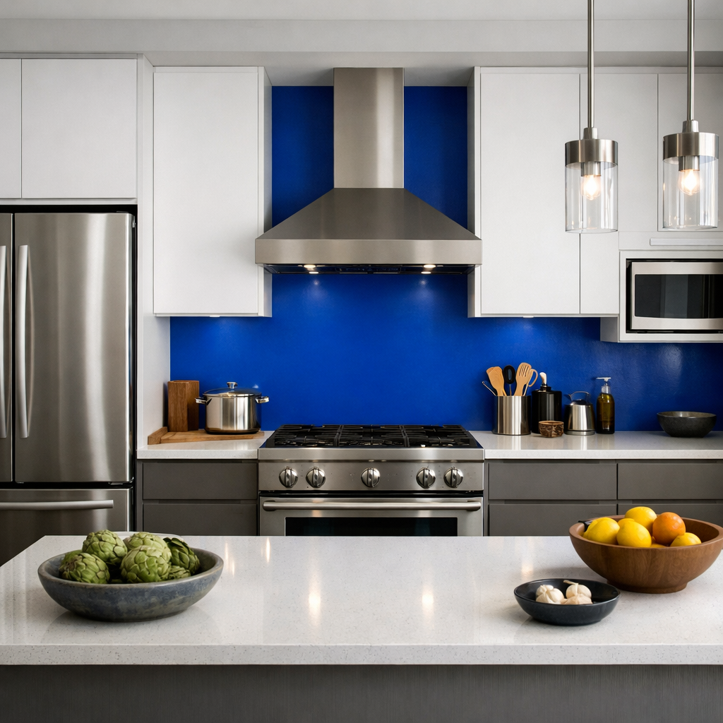 A modern kitchen featuring a bold cobalt blue accent wall, white cabinets, and stainless steel appliances.