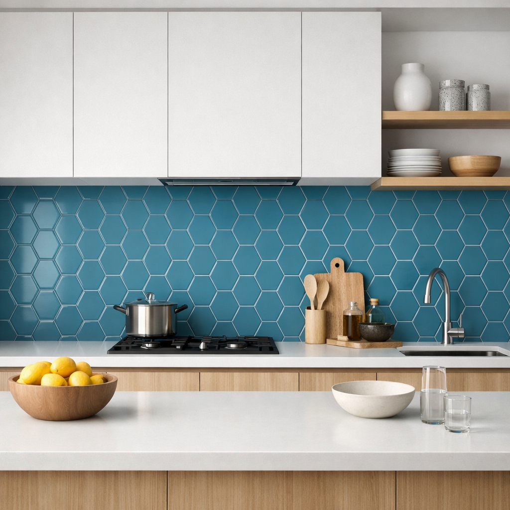 A modern kitchen featuring cerulean hexagon tiles as a backsplash, with a white countertop, wooden cabinetry, and cooking utensils.