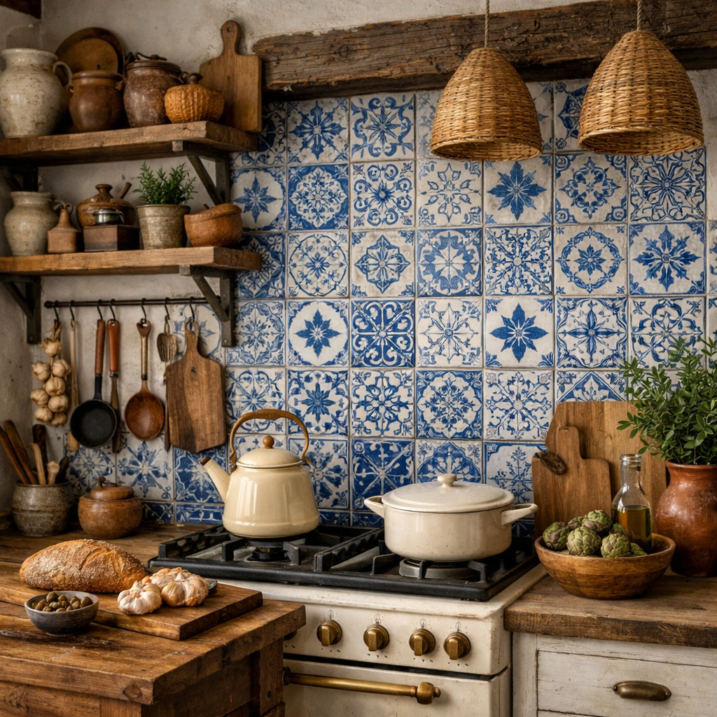 A kitchen with classic blue and white patterned tiles on the backsplash, showcasing rustic elements and a warm atmosphere.