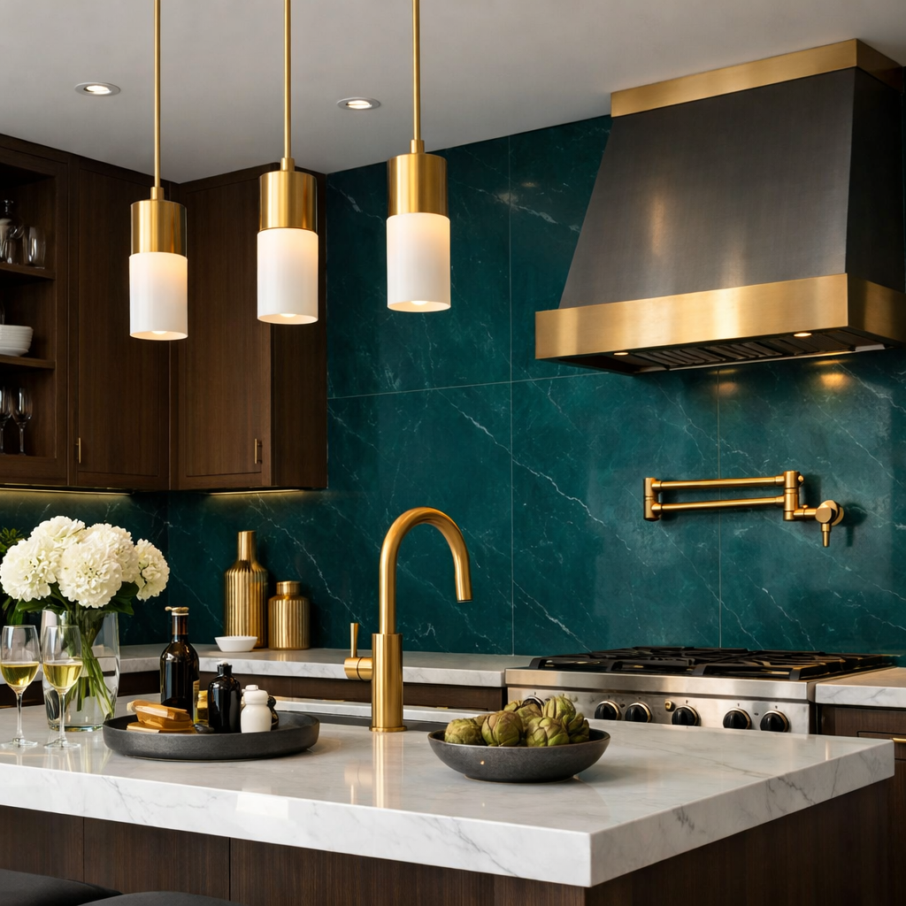 A modern kitchen featuring a deep teal backsplash with gold accents, marble countertop, and elegant decor.
