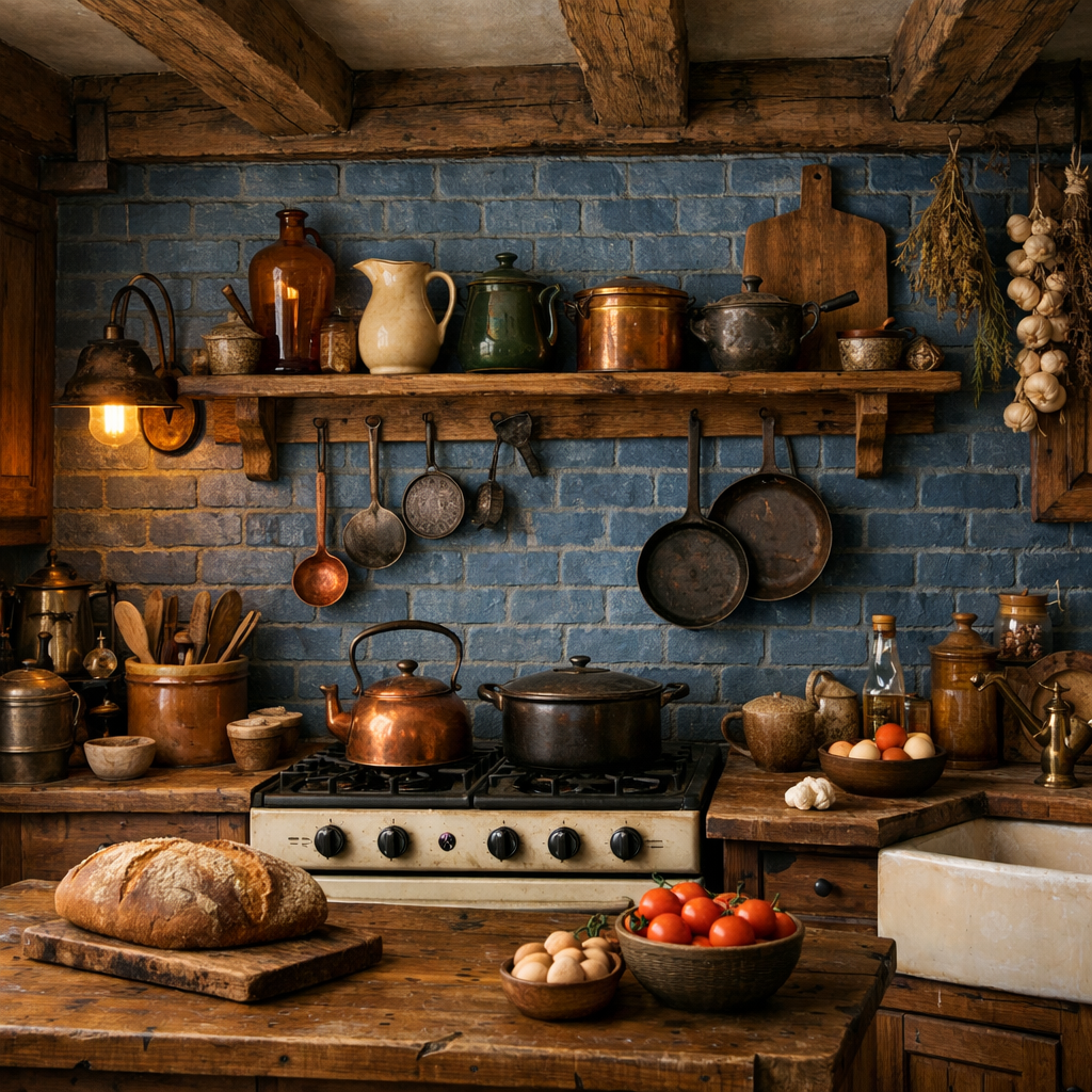 A rustic kitchen featuring a denim blue brick backsplash, wooden shelves with vintage cookware, and fresh produce on the counter.