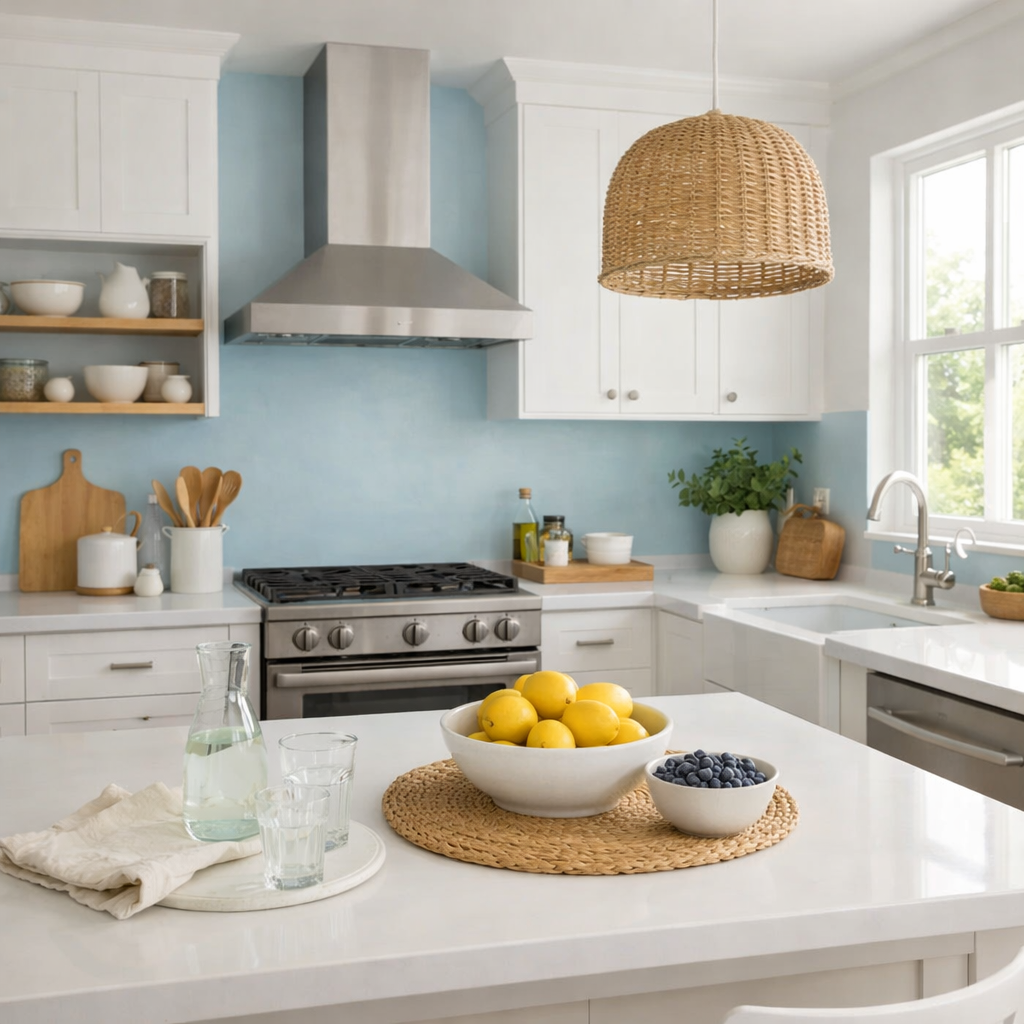 A modern kitchen with a light blue painted backsplash, white cabinets, and a warm wooden pendant lamp.