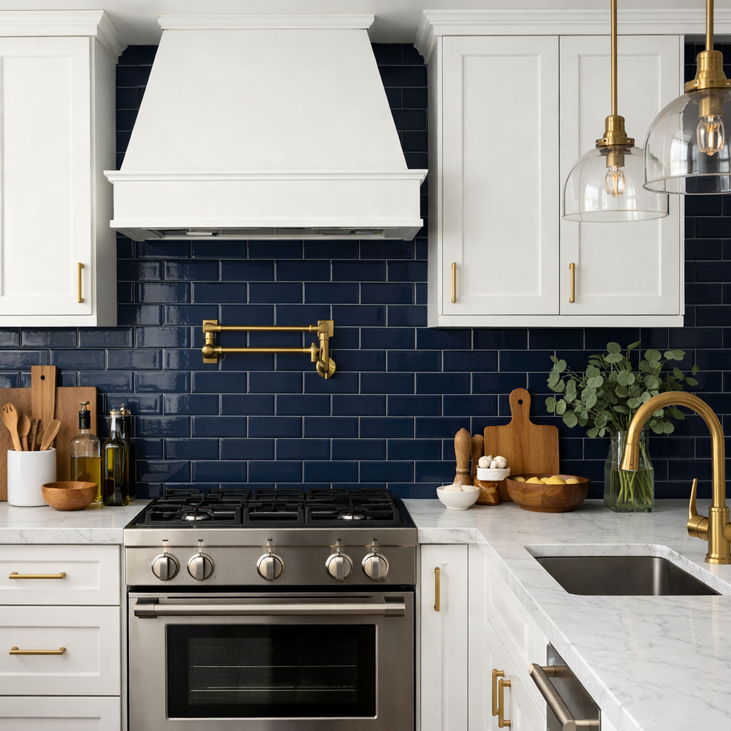 A modern kitchen featuring navy blue subway tiles, white cabinetry, and brass fixtures.