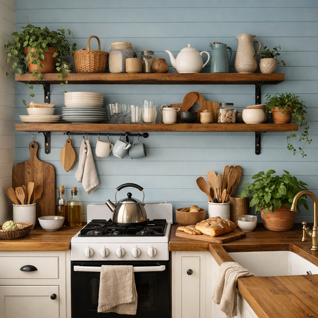 A cozy kitchen featuring soft blue shiplap walls, wooden shelves with kitchen essentials, and a warm wooden countertop.