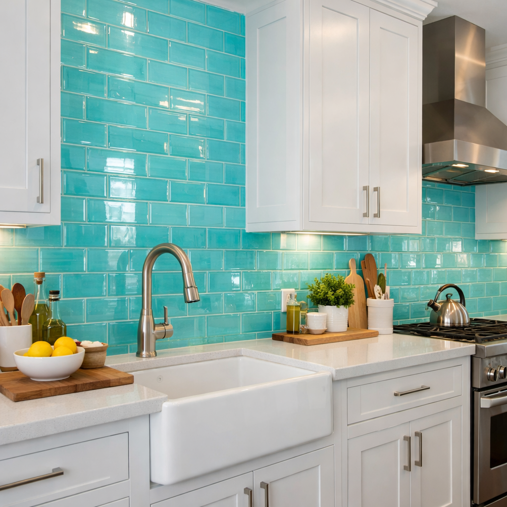 Bright kitchen featuring turquoise glass tiles and white cabinets