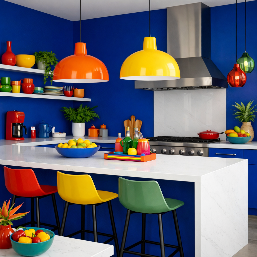A bright kitchen featuring bold cobalt blue walls, colorful decor, and a modern design.