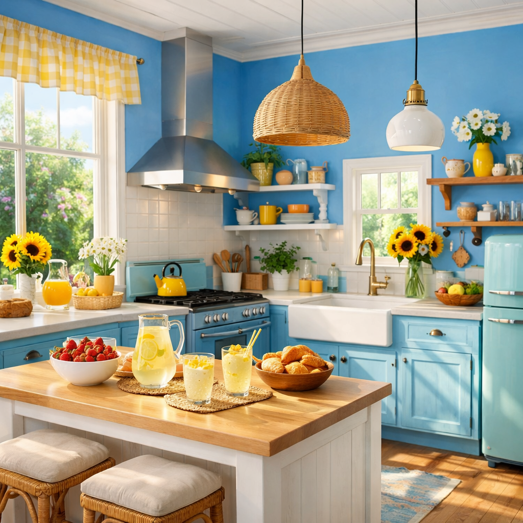 Bright kitchen with cerulean blue walls, featuring yellow accents and fresh fruit on the kitchen island.