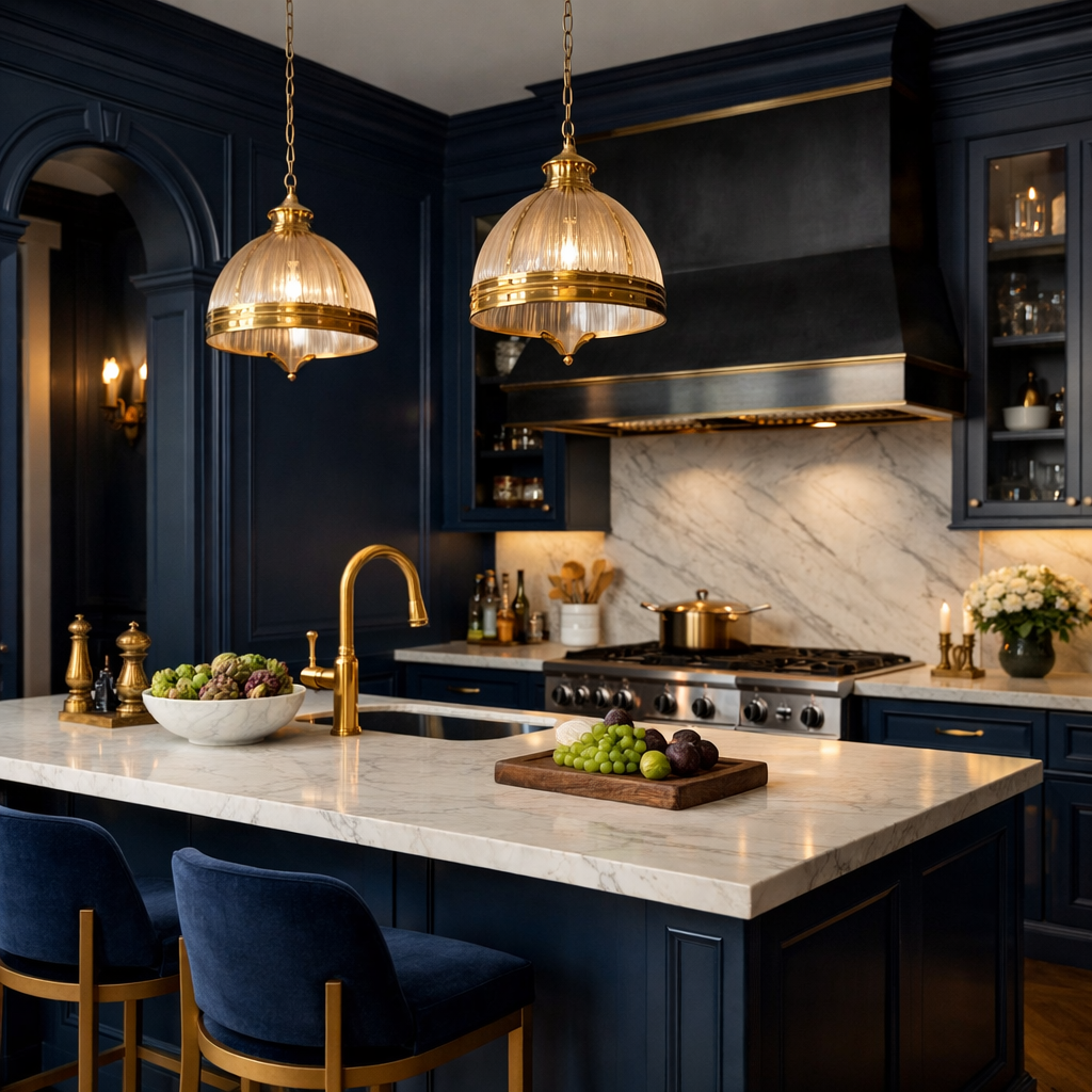 A luxurious kitchen with deep blue walls and gold fixtures, featuring a marble countertop and elegant lighting.