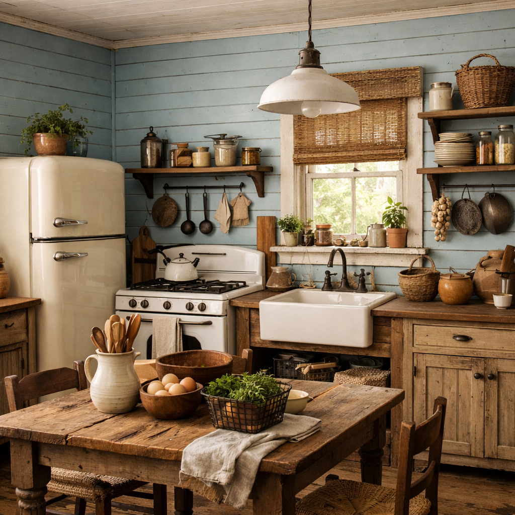 Rustic kitchen featuring light blue shiplap walls with wooden shelves, vintage appliances, and a farmhouse sink.