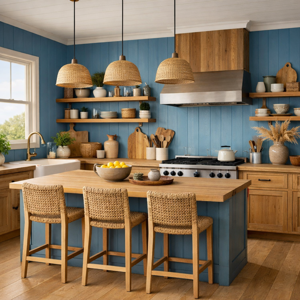 A modern kitchen featuring ocean blue walls with wooden shelves and light fixtures, creating a warm and inviting atmosphere.