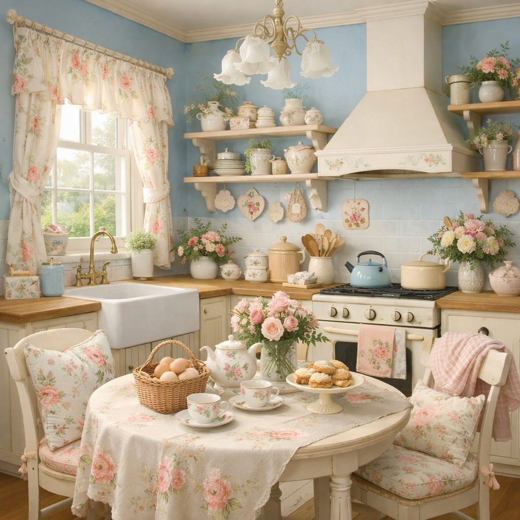 A cozy kitchen featuring pastel blue walls and floral accents, with a dining table set up and various floral decorations.