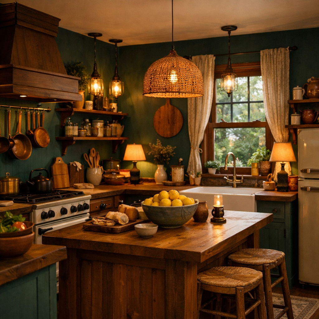 A cozy kitchen with rich teal walls, wooden furniture, and warm lighting.