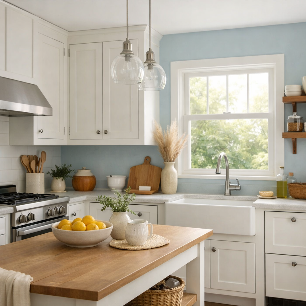 A bright and airy kitchen with soft sky blue walls, white cabinetry, and natural light from a window.