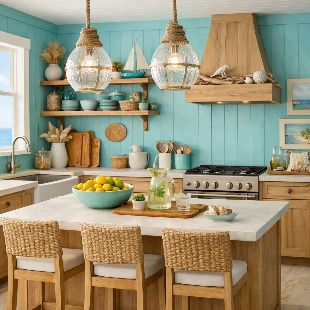 A bright turquoise kitchen with wood accents, showcasing a coastal vibe.