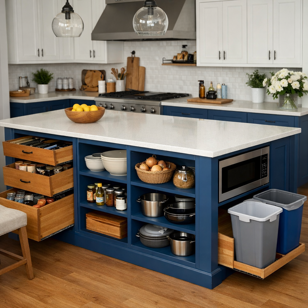 Modern blue kitchen island with built-in storage, drawers, and open shelving