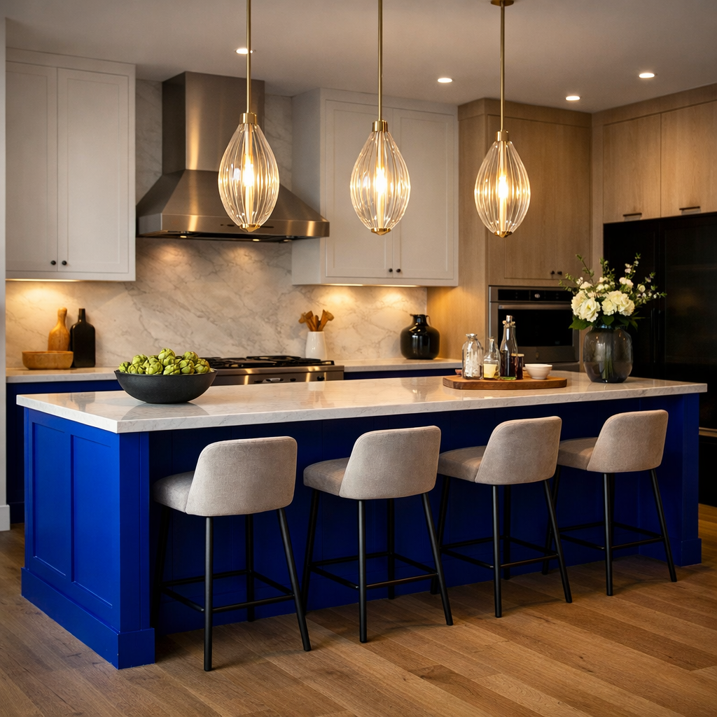 A modern kitchen featuring a bold cobalt blue island with pendant lighting and neutral-toned decor.