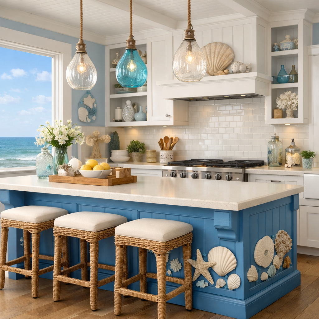 Coastal-inspired blue kitchen island with shell decorations and natural light.