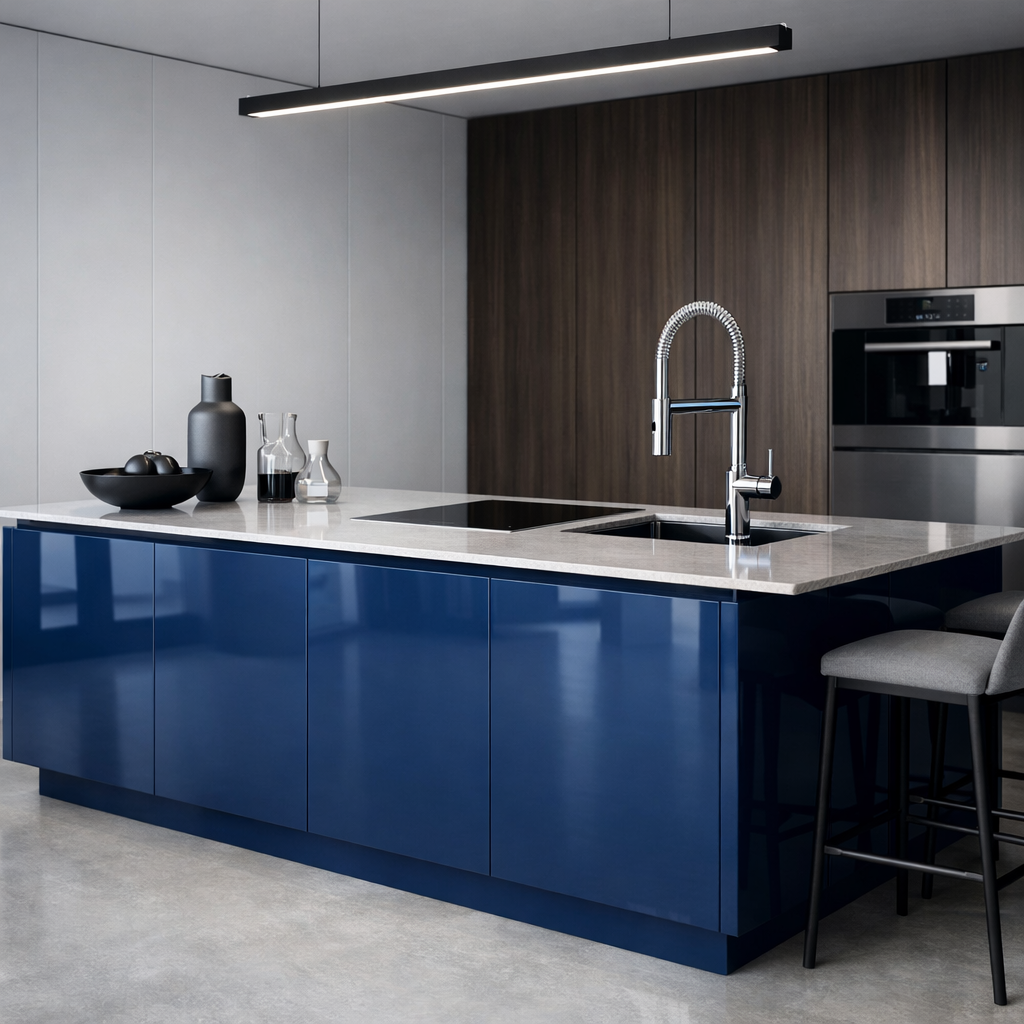 A modern kitchen featuring a glossy blue island with contemporary fixtures.